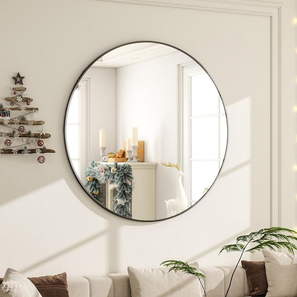 XRAMFY 35.2 in. W x 35.2 in. H Round Aluminum Alloy Framed Modern Black Wall Mirror