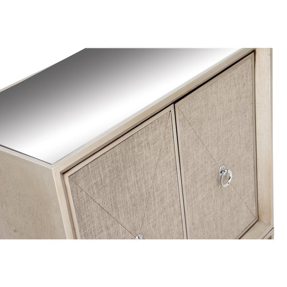 Beige Mirrored Fir Wood Upholstered Accent Cabinet