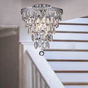 12 in. 3-Lights Antique Chrome Glam Flush Mount Ceiling Light with Teardrop Glass