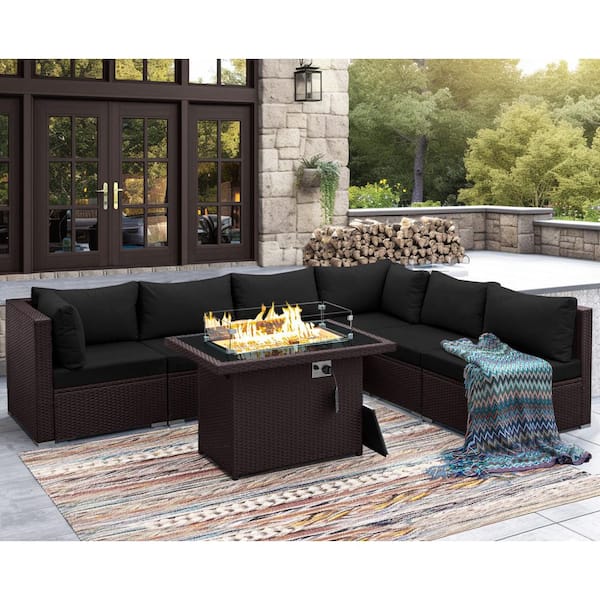 Unbranded High Back Brown 7-Piece Wicker Patio Conversation Sectional Deep Seating Set with Fire Pit Table and Black Cushions
