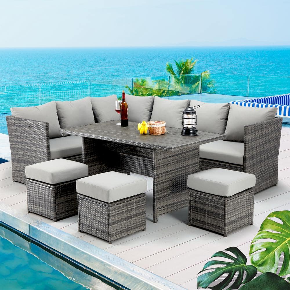 7-Piece PE Wicker Outdoor Sofa Sectional Set Conversation Set with Gray Cus