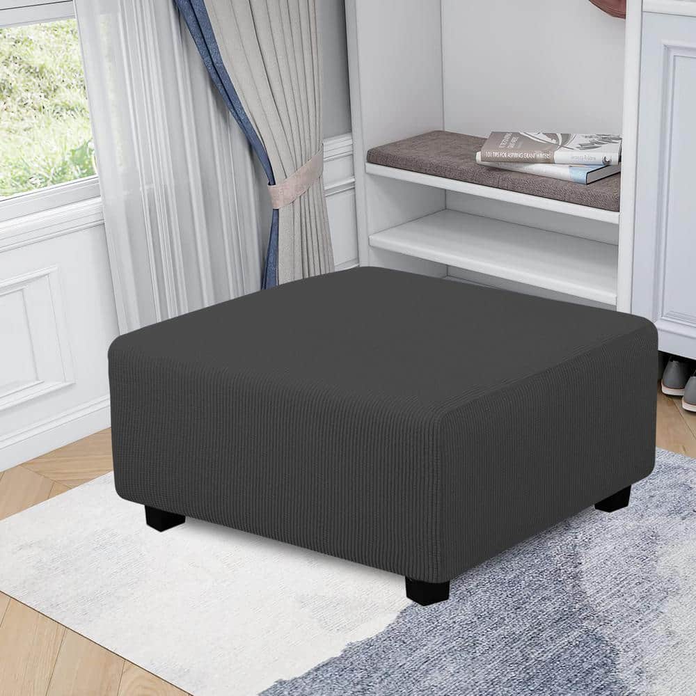 Dark Gray Polyester Soft Stretch Rectangle Ottoman Slipcover with Elastic B