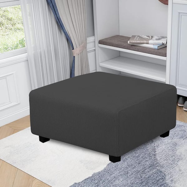 Angel Sar Dark Gray Polyester Soft Stretch Rectangle Ottoman Slipcover with Elastic Bottom, Medium-XL