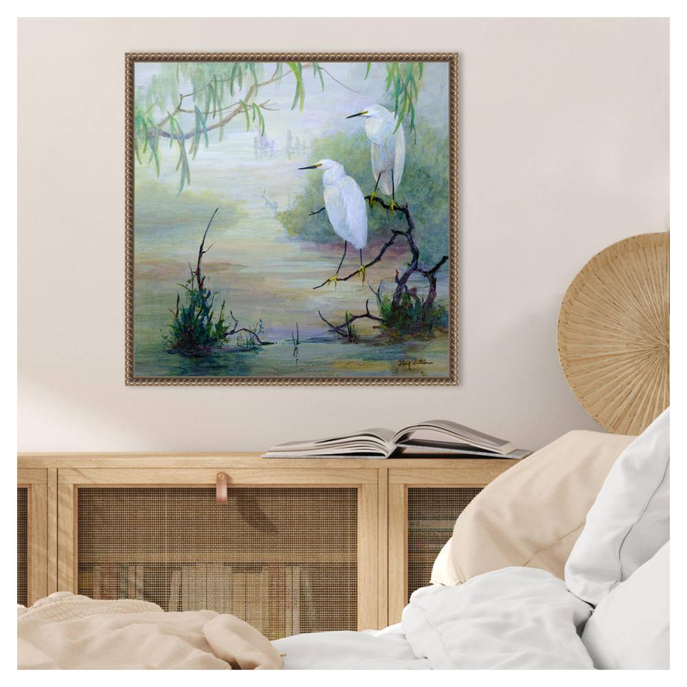 Snowy Egrets in Wetlands Bronze Framed Canvas Wall Art