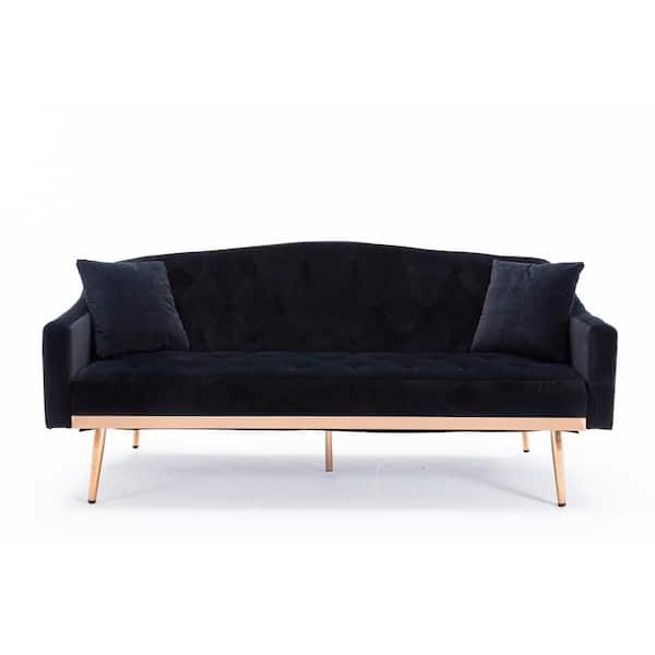 ATHMILE 65.35 in. Wide Black Square Arm Velvet Straight Twin Sofa