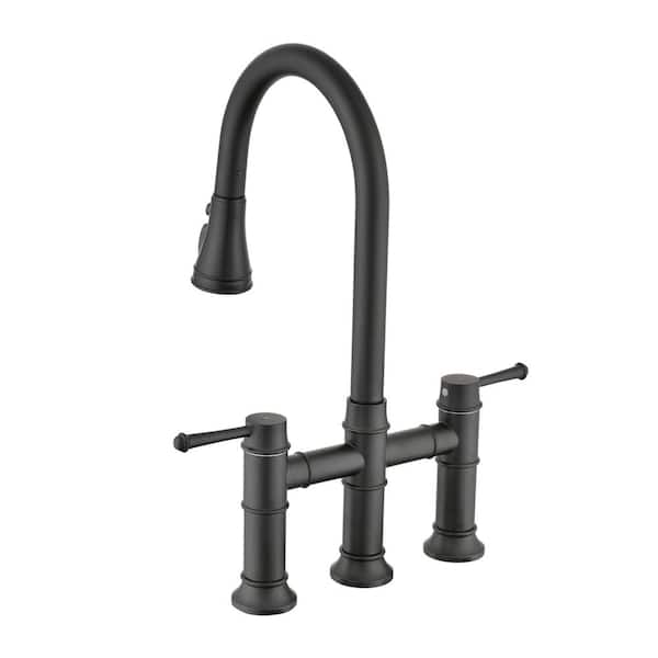 GIVING TREE Double Handle Bridge Kitchen Faucet With Pull-Down Spray Headin Matte Black