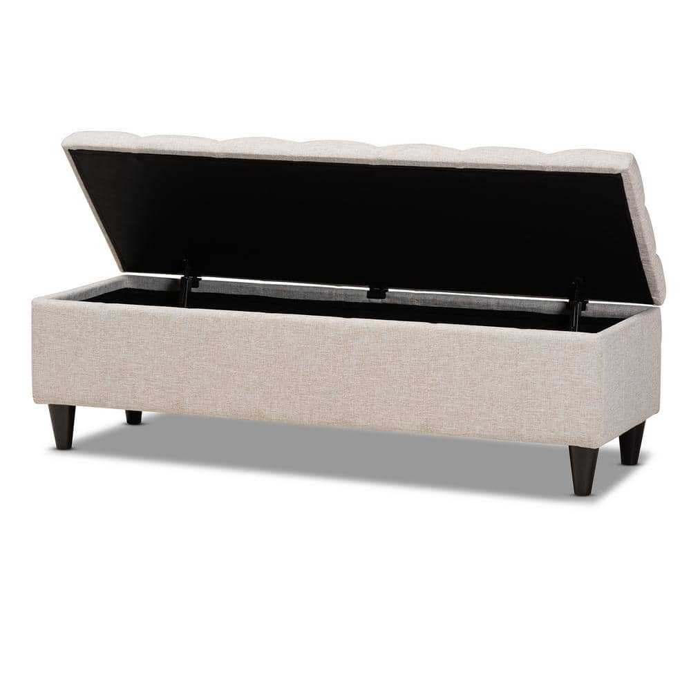 Beige Tufted Fabric Storage Bench with Dark Wood Legs