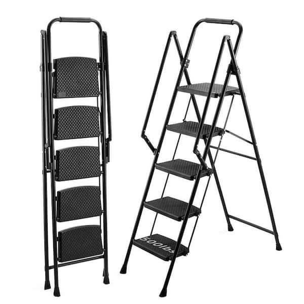 5Step Steel Folding Ladder with Anti-Slip Wide Pedals and Handle, Lightweight 300 lbs. 5 ft. Reach Portable Ladder Stool