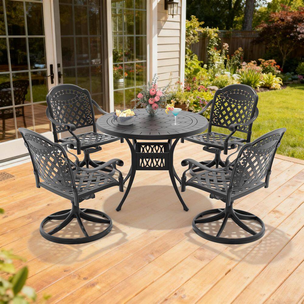 Black 5-Piece Cast Aluminum Patio Outdoor Dining Set with 4 Swivel Rockers with Red Cushions and 39.37 in. Round Table price history on PriceWatchPro