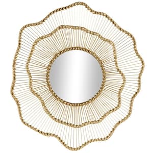 34 in. x 33 in. Layered Frame Round Framed Gold Floral Wall Mirror with Layered Floral Frame