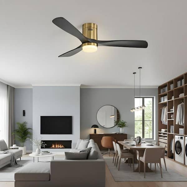 52 in. Integrated LED Indoor Modern Style Flush Mount Gold Black Ceiling Fan with Light Kit and Remote Control
