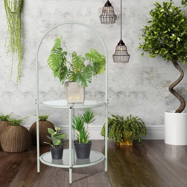 Aoibox Glass Top End Table with Storage Round Multi Tiered Plant Stand Mint Green