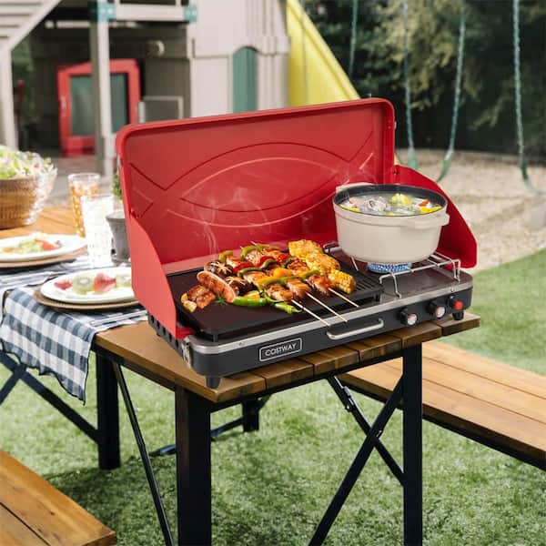 2 in 1 Portable Propane Grill 2-Burner Camping Gas Stove with Removable Leg Red