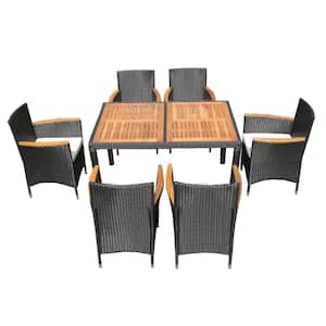 7 Piece Patio Wicker Outdoor Dining Set with Acacia Wood TopTable And Cushions