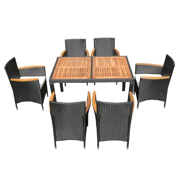Unbranded 7 Piece Patio Wicker Outdoor Dining Set with Acacia Wood TopTable And Cushions