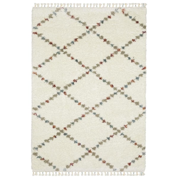 Avalon Ivory/Multi-Colored 5 ft. x 8 ft. Trellis Geometric Diamond Polypropylene Shag Tassel Indoor Area Rug