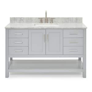 Magnolia 55 in. W x 22 in. D x 36 in. H Bath Vanity in Grey with Carrara Marble Vanity Top in White with White Basin