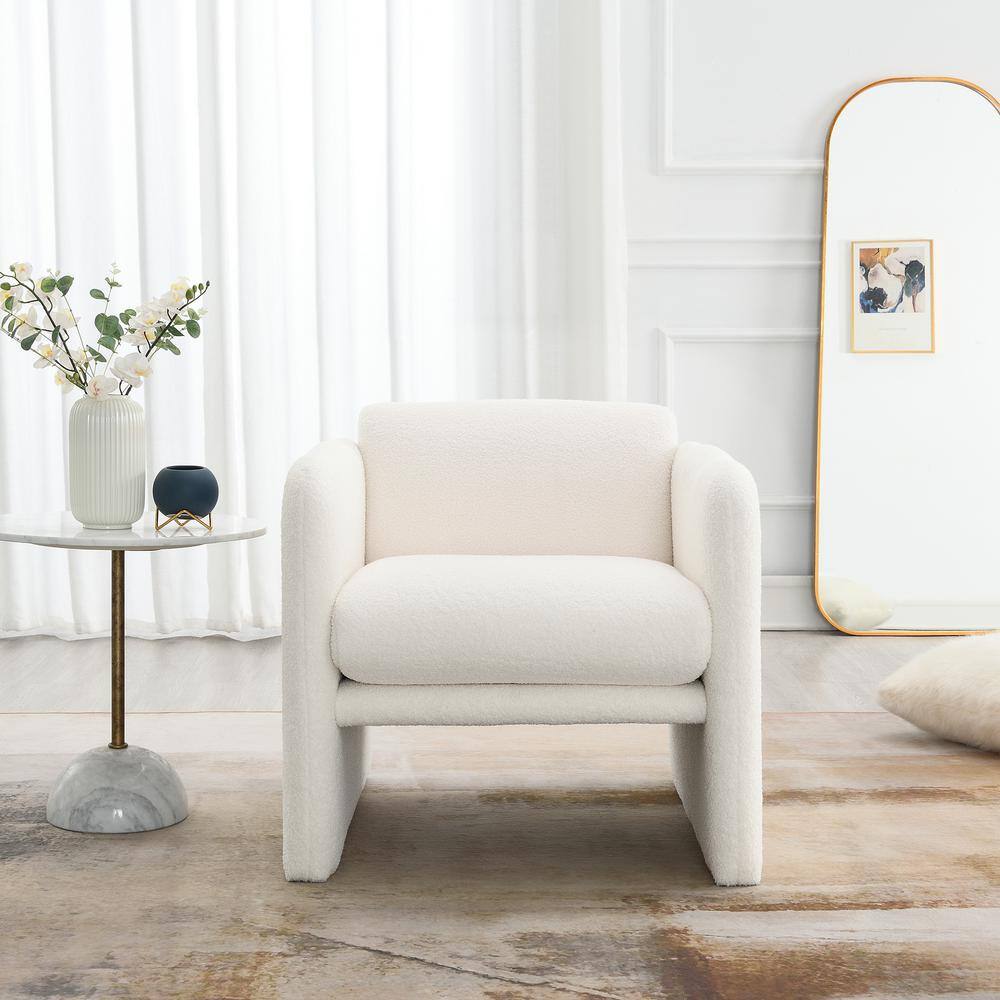 White Teddy Fabric Arm Chair with Waved Arms Metal Decoration on Arms for P
