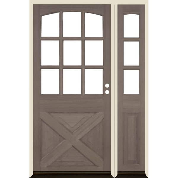 Krosswood Doors 50 in. x 80 in. Farmhouse X Panel LH 1/2 Lite Clear Glass Grey Stain Hemlock Wood Prehung Front Door with RSL