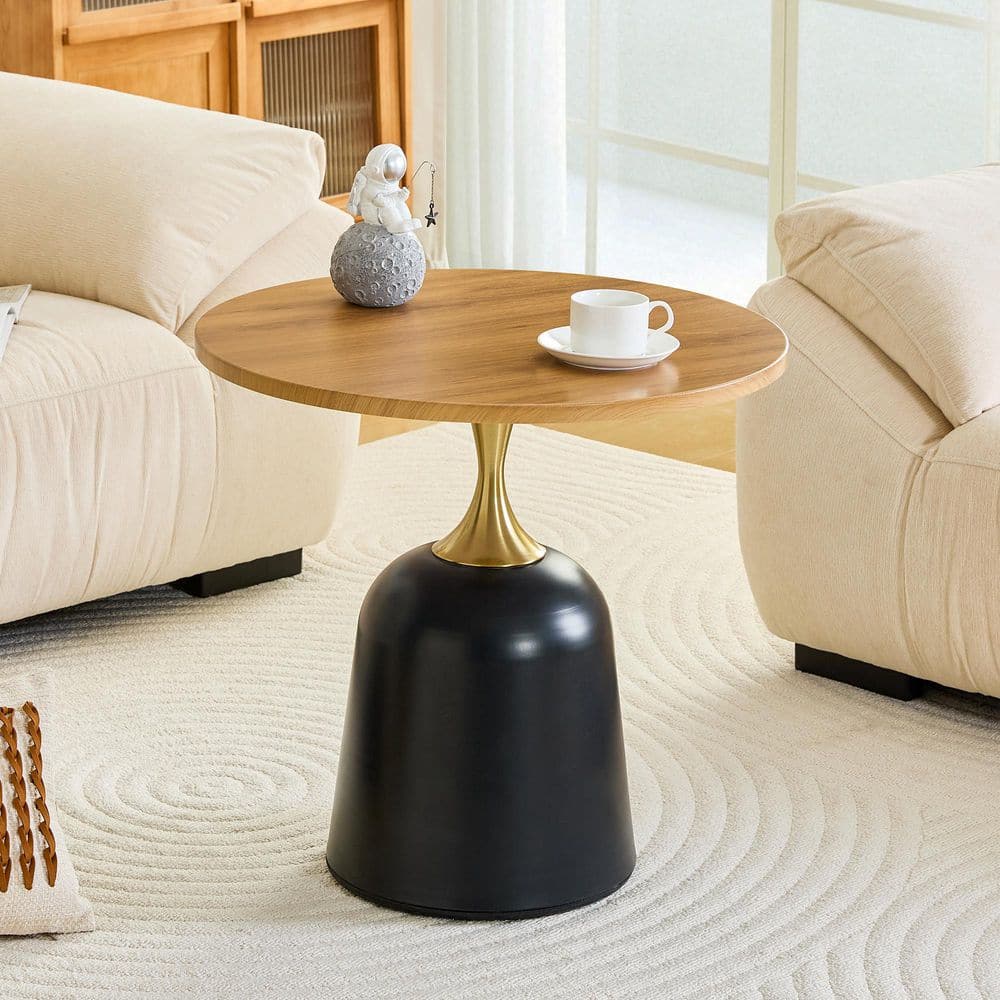 23.60 in. Modern Round Side Table, Wood Top with Gold & Black Pedestal Base, Small MDF Coffee Table for Living Room