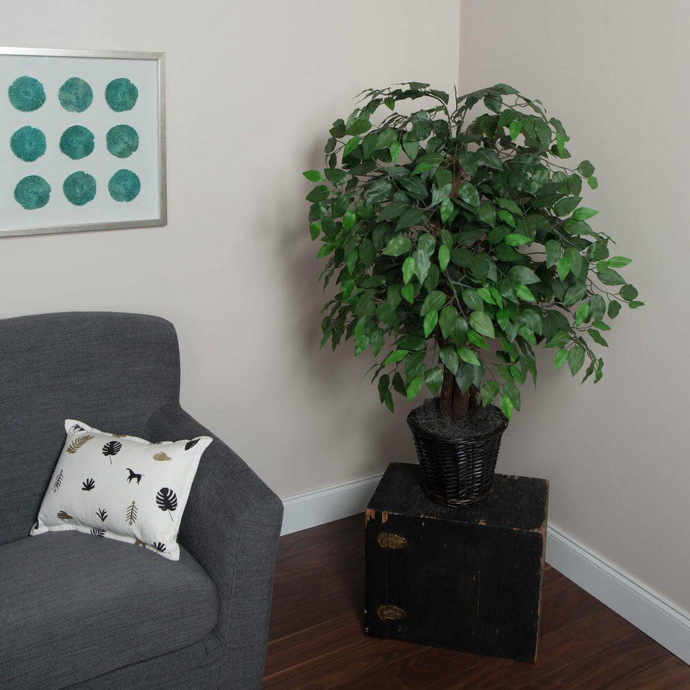 Elegant 4ft Silk Ficus Floor Plant in Wood Planter