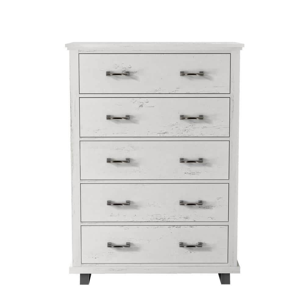 FESTIVO Modern Farmhouse Saw Cut Off White 5-Drawer 38 Inch Wide Chest of Drawers with Stylish Metal Wood-Grain Handles