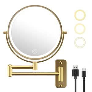 8 in. W x 8 in. H Round LED Metal wall Miror 10x Magnification Makeup Mirror Bathroom Makeup Mirror in Gold