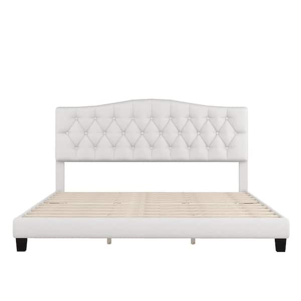 Boosicavelly Beige Wood Frame King Size Platform Bed with Saddle Curved Headboard