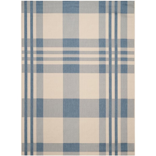 Courtyard Beige/Blue 10 ft. x 14 ft. Plaid Indoor/Outdoor Area Rug