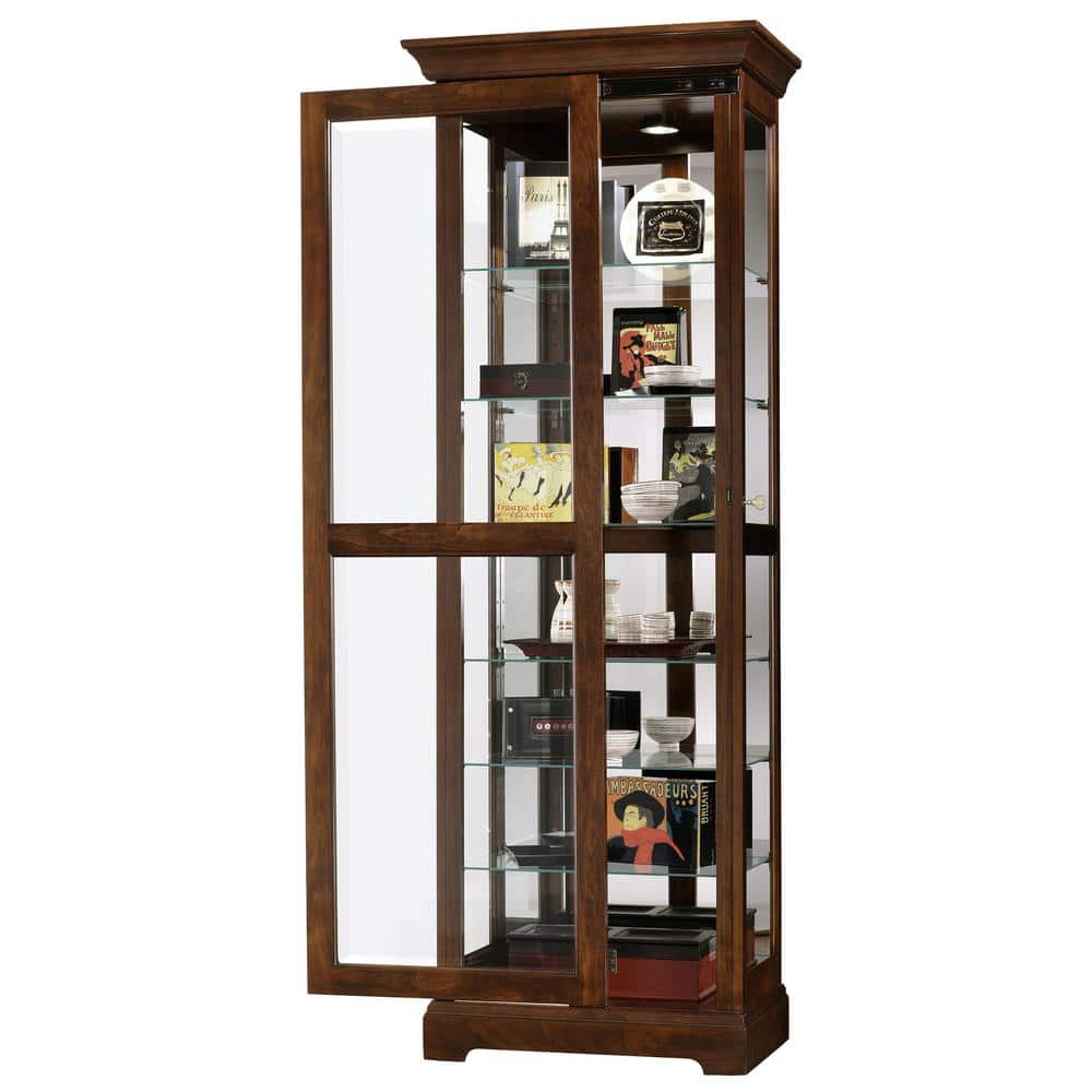 Golden Oak Lighted Corner Curio Cabinet with Glass Shelves