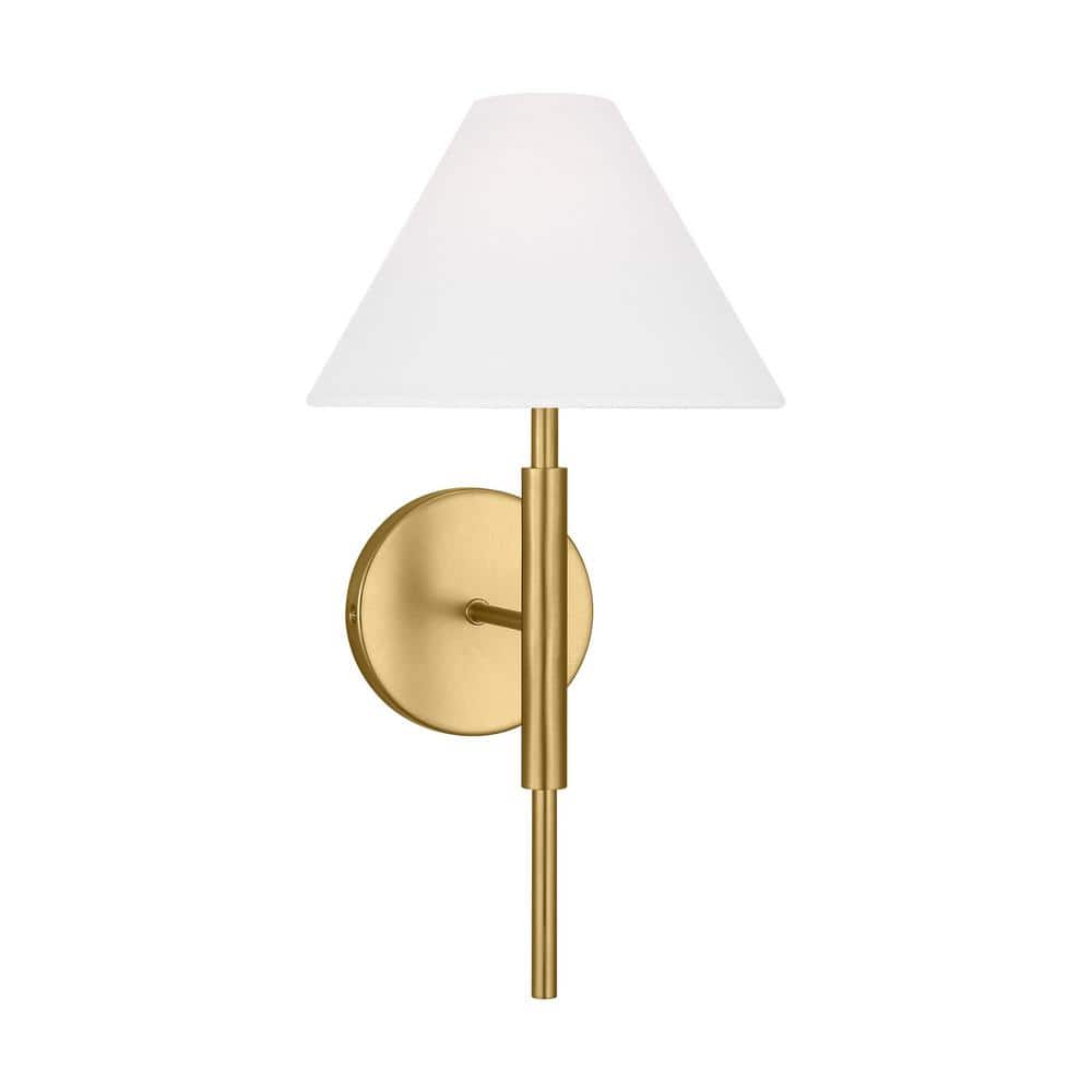 Satin Brass 1-Light Sconce with White Linen Shade