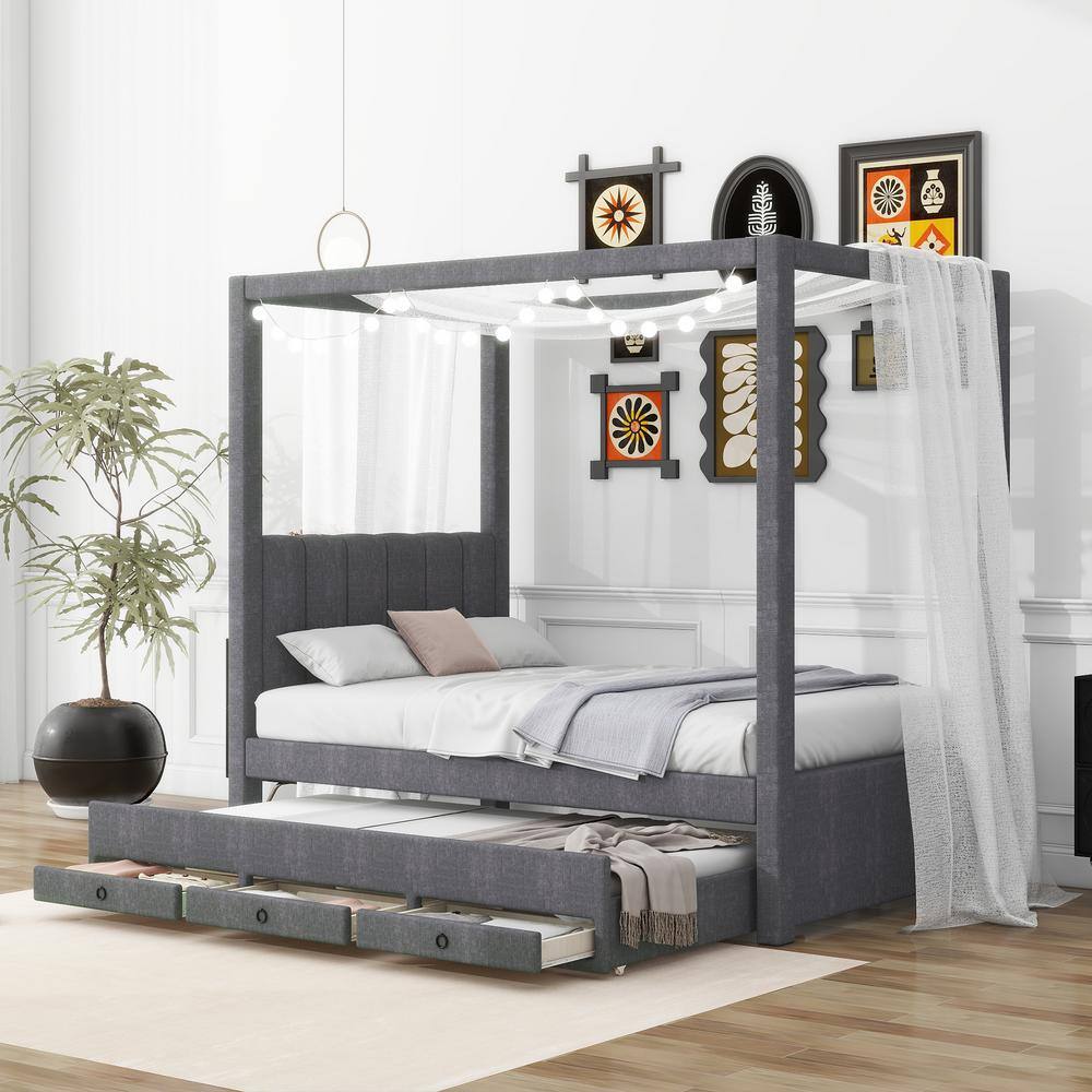 Qualler Gray Wood Frame Twin Size Canopy Bed with Trundle and Drawer ...