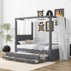 Gray Wood Frame Twin Size Canopy Bed with Trundle and Drawer