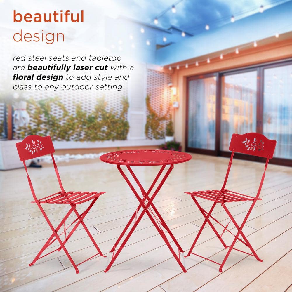 Red Elegance 3-Piece Metal Bistro Set with Intricate Leaf Design