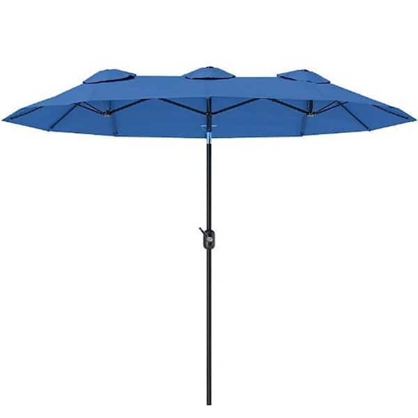 9.4 ft. Metal Market Patio Umbrella in Blue with Push Button Tilt and Crank, 3 Air Vents and 12 Ribs