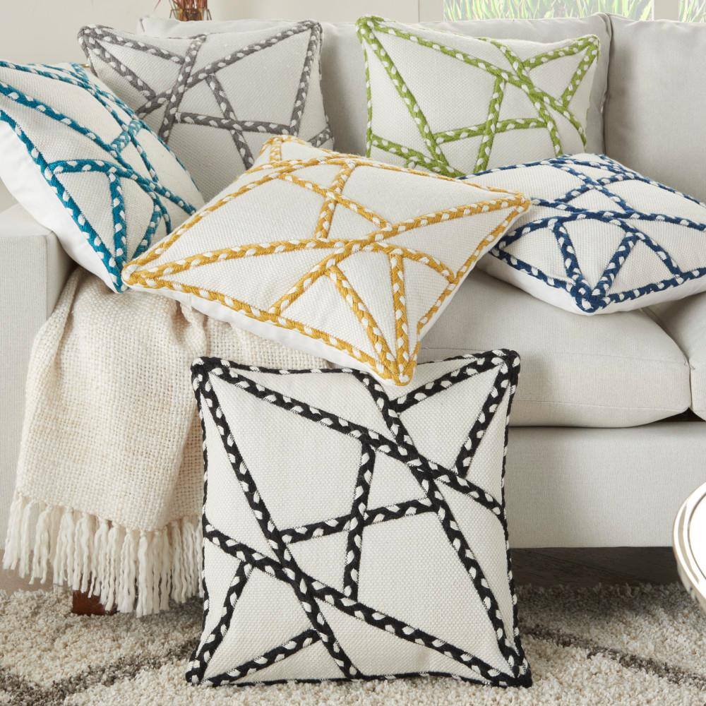 Navy and White Embroidered Cotton Square Throw Pillow 18" x 18"