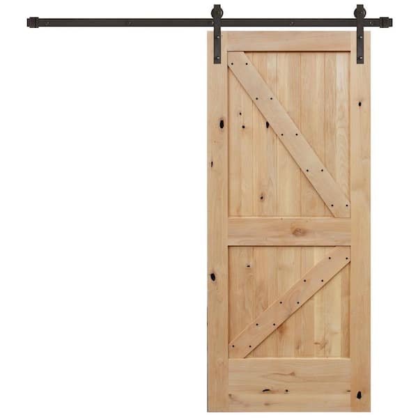Pacific Entries 36 in. x 84 in. Rustic Unfinished 2-Panel Right Knotty Alder Wood Sliding Barn Door with Bronze Hardware kit