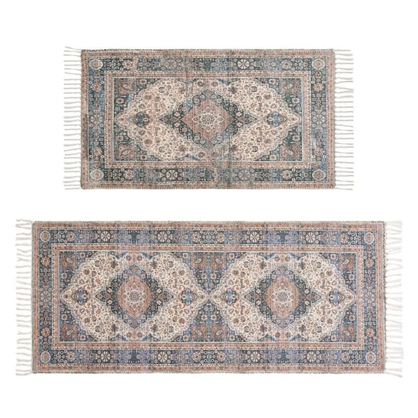 Chinille Fringe Machine Washable Blue/Rust 2 ft. x 9 ft. Medallion 2-Piece Area Rug Set