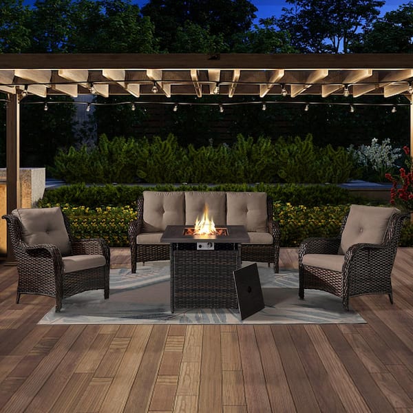 テーブル・チェア・ハンモック BONFIRE GO OUTSIDE Opohoro 7-Piece Gray Wicker Outdoor Square Fire Pit