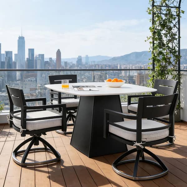 5-Piece Black Aluminum Outdoor Dining Set with Sunbrella Cushions and Swivel Rockers