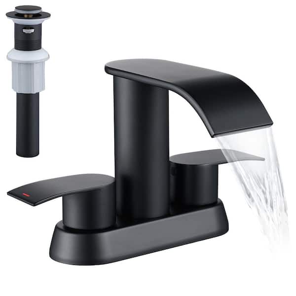 4 in. Centerset Double-Handle Waterfall Spout Bathroom Vessel Sink Faucet with Pop Up Drain Kit in Matte Black
