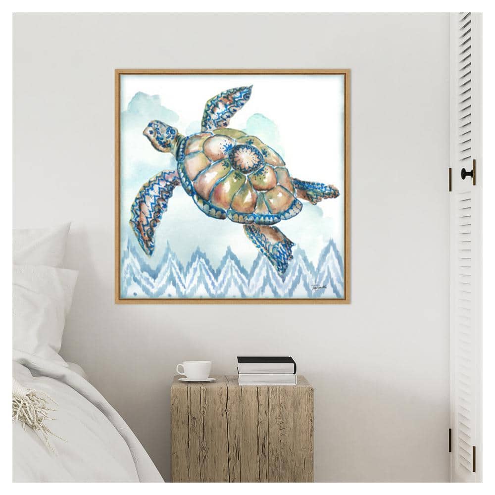30"x30" Blue and Green Watercolor Sea Turtle Framed Canvas Wall Art