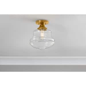 Schoolhouse 10 in. 1-Light Aged Brass Semi Flush Mount with Clear Glass
