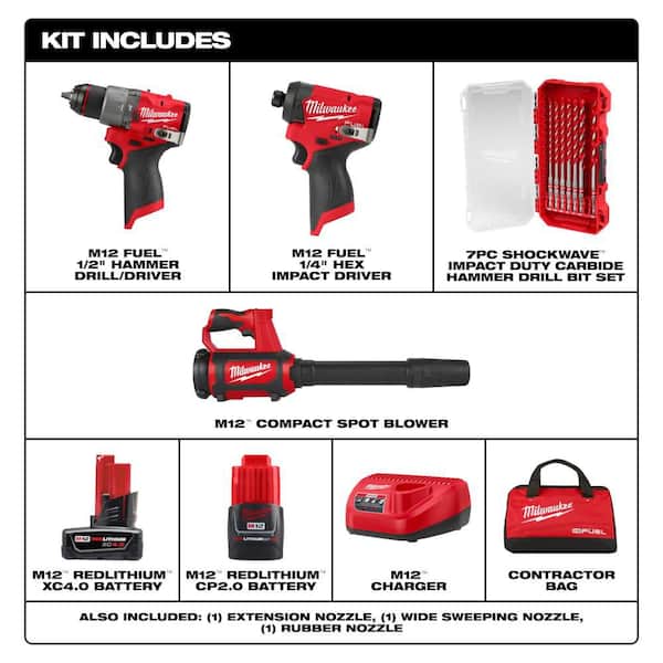 M12 FUEL 12V Hammer Drill/Impact Driver + M12 12V Cordless Compact Spot Blower + 7-Pc Carbide Bit Combo Kit
