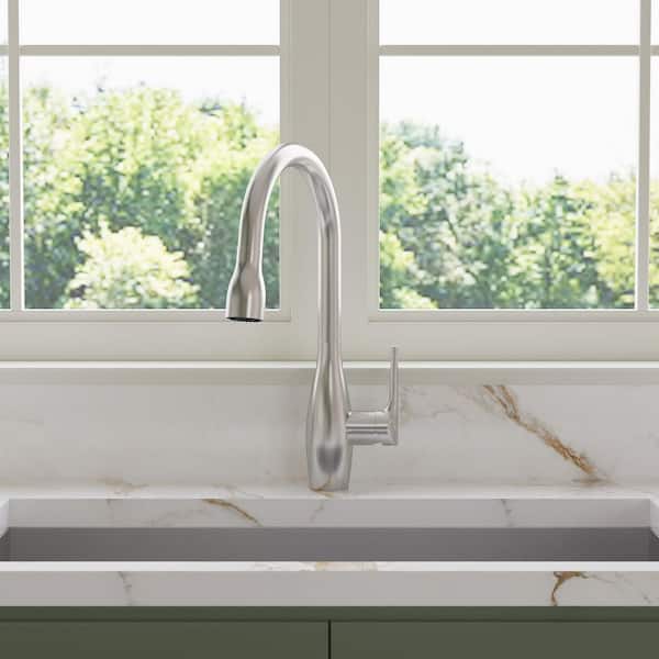 16.6 in Single Handle 360° Swivel Pull Down Sprayer Kitchen Faucet with Advanced Spray in Brushed Stainless