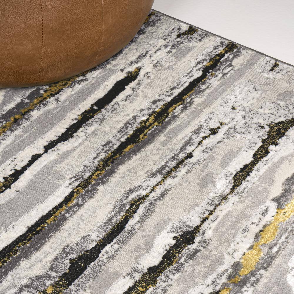 Gray and Black Modern Stripe Synthetic Area Rug