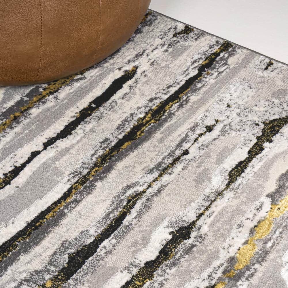 Gray and Black Rectangular Synthetic Stripe Area Rug, 8' x 10'