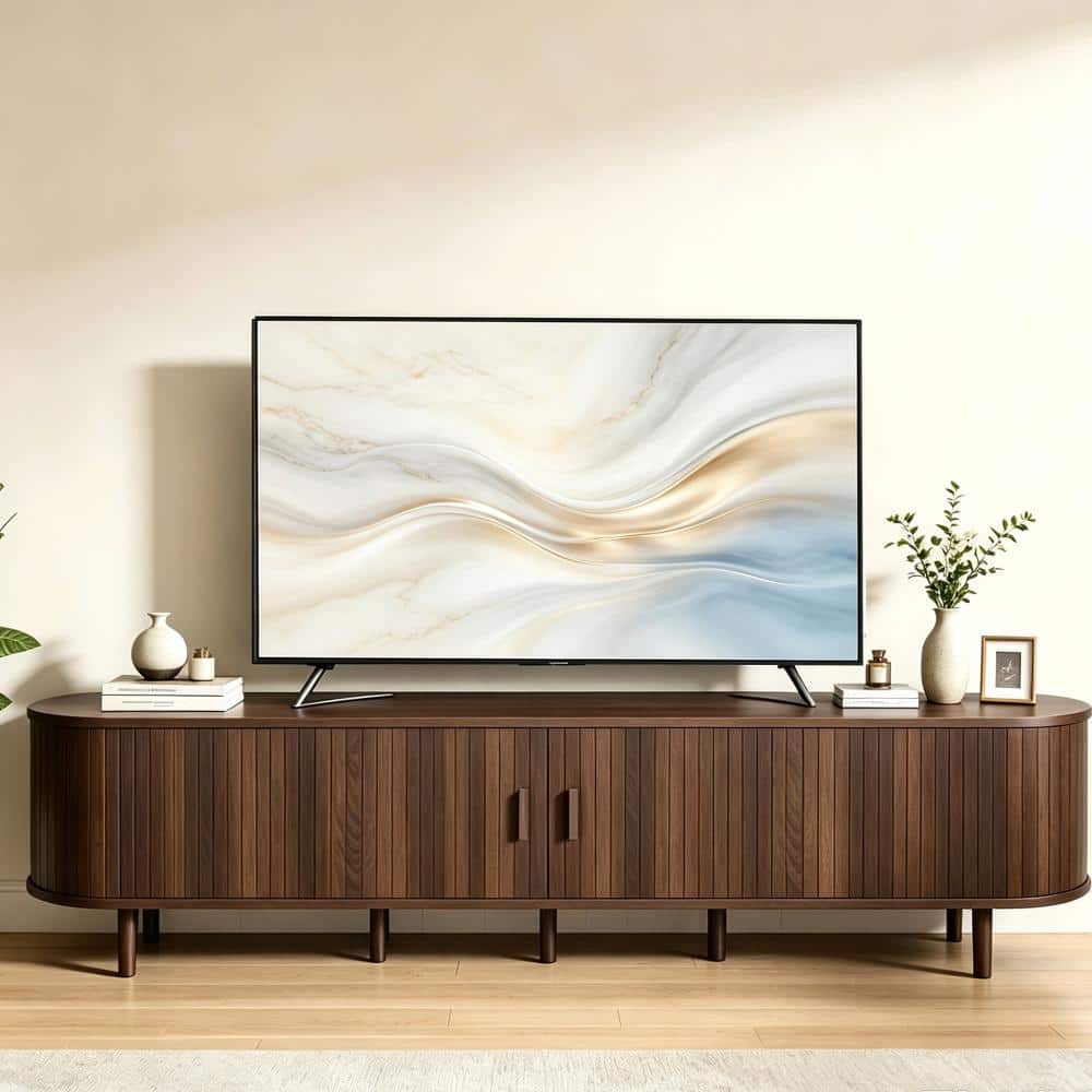 80" TV Stand,Wood TV Consoles with Sliding Doors ,Power Outlet and Adjustable Shelves,Walnut