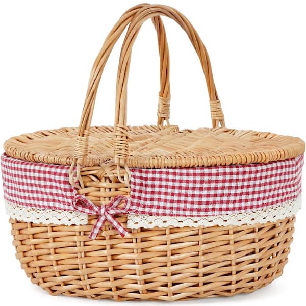 Hand-Woven Wicker Picnic Basket with Lid and Handle, 15.7 x 11.4 in Large Red Check Lined Hamper Removable