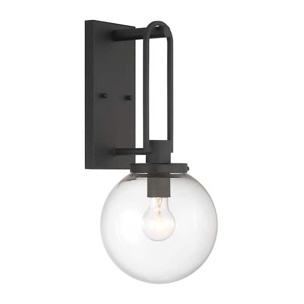 the great outdoors by Minka Lavery Wenston 18 in. Sand Black Outdoor Hardwired Globe Coach Wall Sconce with Clear Glass Shade and No Bulb Included